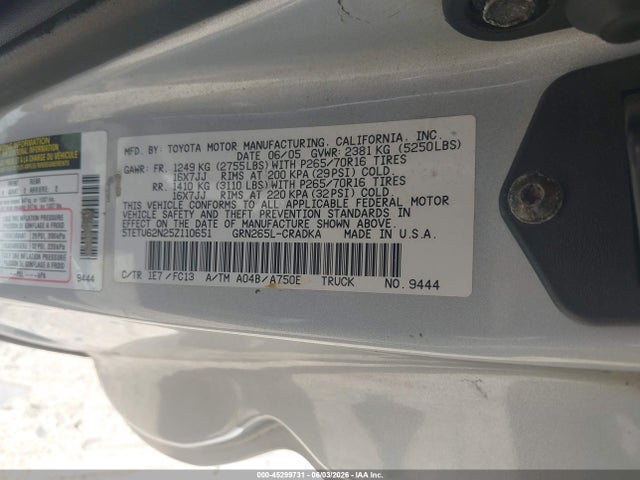 Auction sale of the 2005 Toyota Tacoma Prerunner V6, vin: 5TETU62N25Z110651, lot number: 45299731