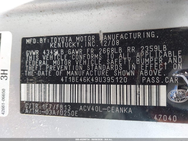 Aukcja sprzedaży 2009 Toyota Camry Le, vin: 4T1BE46K49U395120, numer aukcji: 45299734