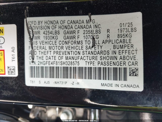 2HGFE4F81SH328575 Honda Civic Hybrid Sport/sport Touring