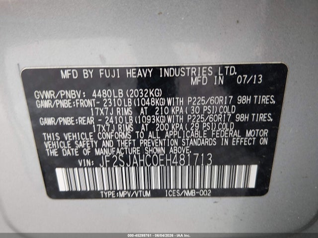 Продажа на аукционе авто 2014 Subaru Forester 2.5i Limited, vin: JF2SJAHC0EH481713, номер лота: 45299761