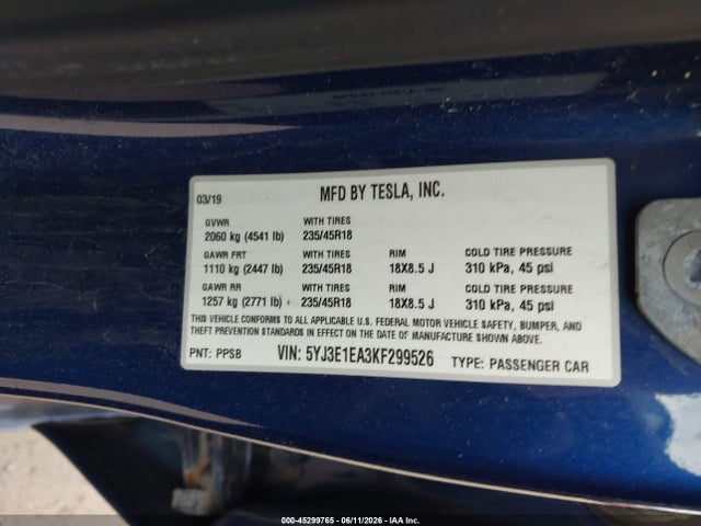 Продаж на аукціоні авто 2019 Tesla Model 3 Long Range/mid Range/standard Range/standard Range Plus, vin: 5YJ3E1EA3KF299526, номер лоту: 45299765