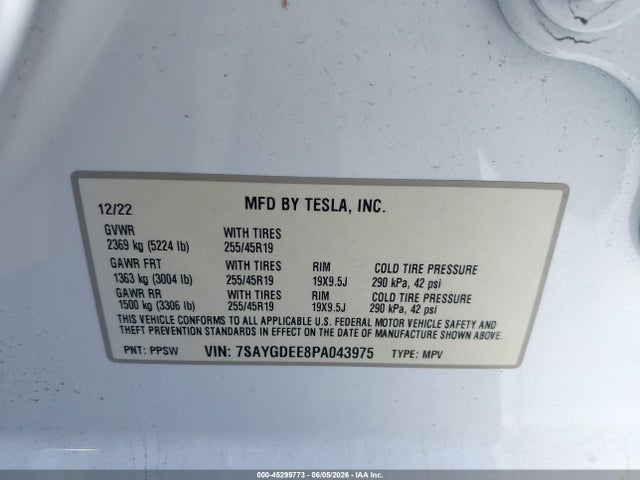 Aukcja sprzedaży 2023 Tesla Model Y Awd/long Range Dual Motor All-wheel Drive, vin: 7SAYGDEE8PA043975, numer aukcji: 45299773