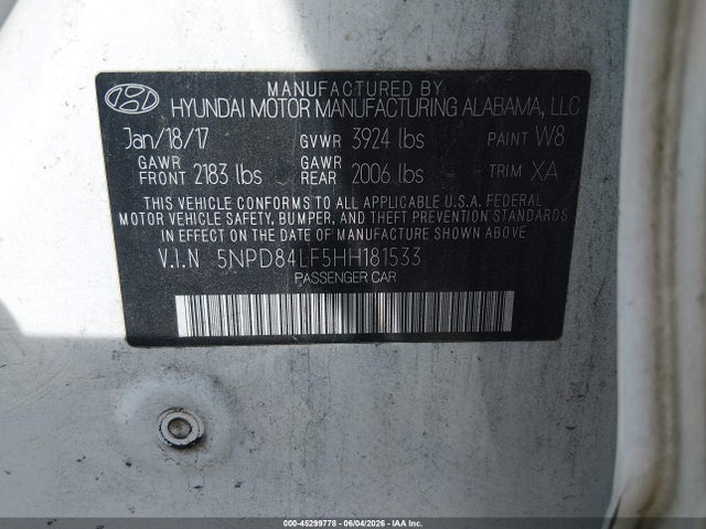 45299778 :رقم المزاد ، 5NPD84LF5HH181533 vin ، 2017 Hyundai Elantra Value Edition مزاد بيع