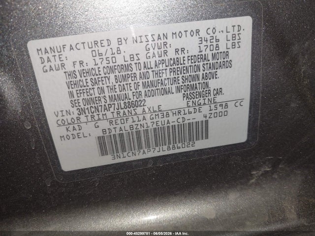 3N1CN7AP7JL886022 Nissan Versa 1.6 Sv