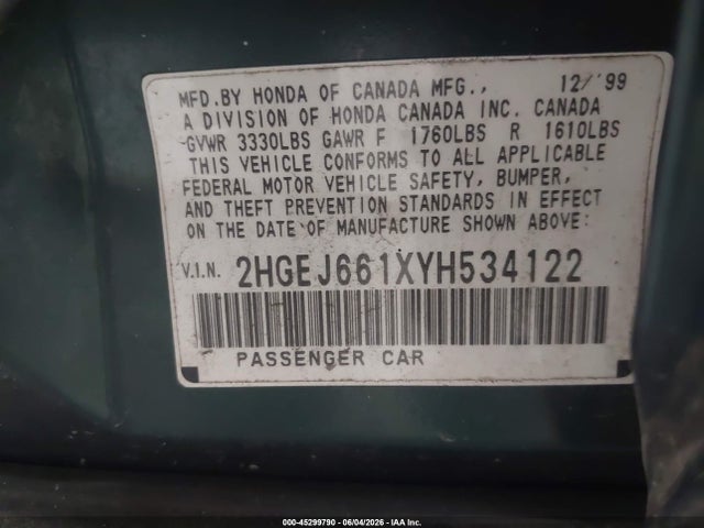 45299790 :رقم المزاد ، 2HGEJ661XYH534122 vin ، 2000 Honda Civic Value Package مزاد بيع