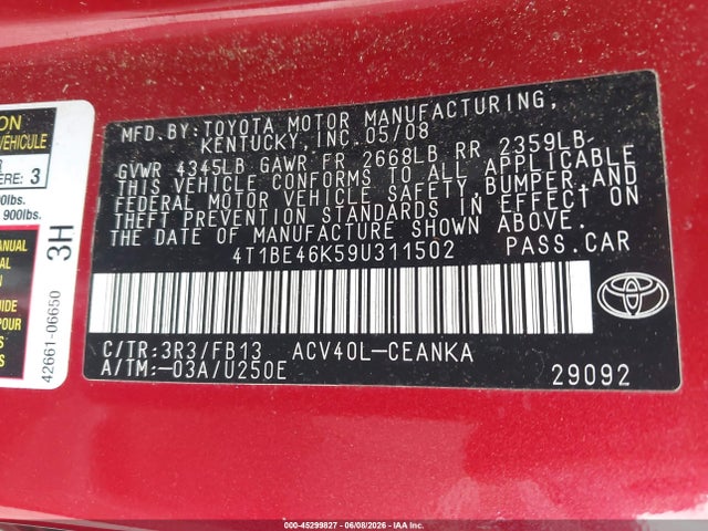 45299827 :رقم المزاد ، 4T1BE46K59U311502 vin ، 2009 Toyota Camry Le مزاد بيع