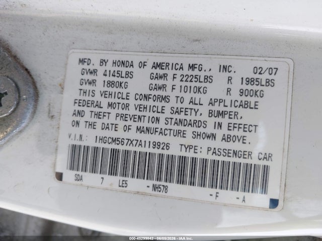 2007 Honda Accord 2.4 Ex მანქანა იყიდება აუქციონზე, vin: 1HGCM567X7A119926, აუქციონის ნომერი: 45299842