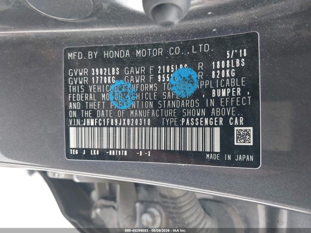 Aukcja sprzedaży 2018 Honda Civic Ex-l, vin: JHMFC1F89JX020310, numer aukcji: 45299893
