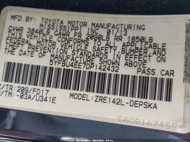 45299902 :رقم المزاد ، 5YFBU4EE7DP142432 vin ، 2013 Toyota Corolla S مزاد بيع