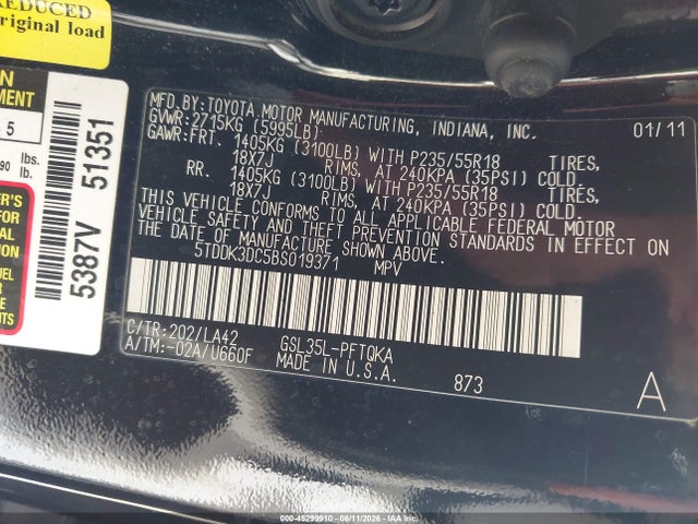 45299910 :رقم المزاد ، 5TDDK3DC5BS019371 vin ، 2011 Toyota Sienna Limited مزاد بيع