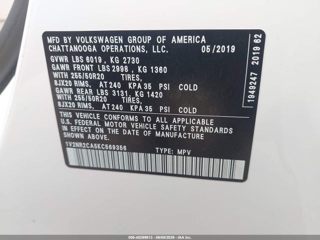 1V2NR2CA5KC569356 Volkswagen Atlas 3.6l V6 Sel Premium
