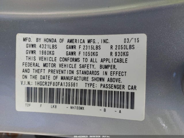 Продажа на аукционе авто 2015 Honda Accord Ex-l, vin: 1HGCR2F80FA135561, номер лота: 45299929