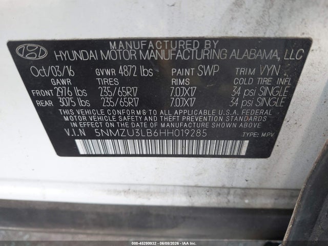 Продаж на аукціоні авто 2017 Hyundai Santa Fe Sport 2.4l, vin: 5NMZU3LB6HH019285, номер лоту: 45299932
