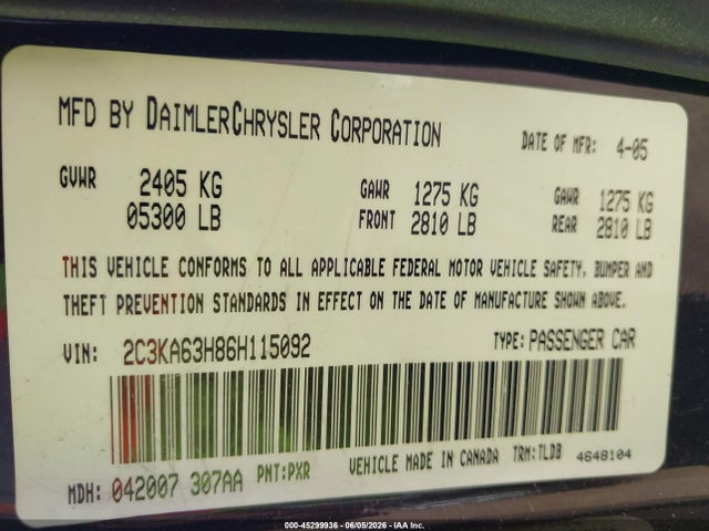 45299936 :رقم المزاد ، 2C3KA63H86H115092 vin ، 2006 Chrysler 300c مزاد بيع