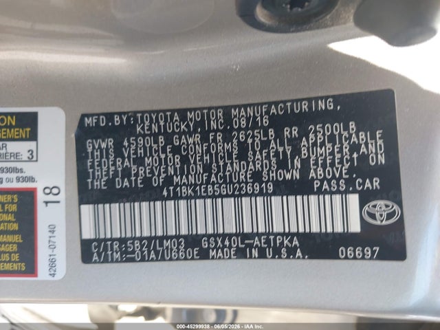 Toyota AVALON LIMITED 2016 4T1BK1EB5GU236919 Image 9