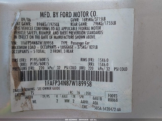 45299955 :رقم المزاد ، 1FAFP34N87W189958 vin ، 2007 Ford Focus S/se/ses مزاد بيع
