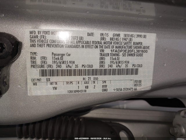 2015 Ford Focus S მანქანა იყიდება აუქციონზე, vin: 1FADP3E20FL381600, აუქციონის ნომერი: 45299959