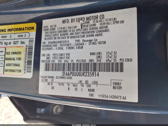 Ford Fusion Hybrid S 2018 3FA6P0UU0JR235914 Image 9
