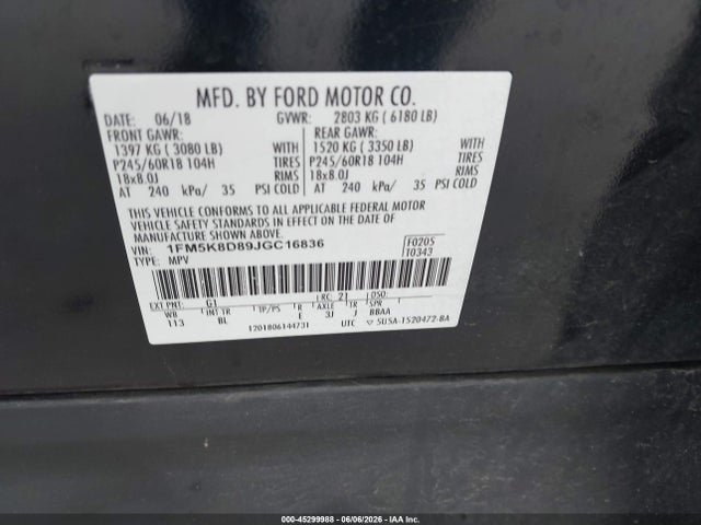 45299988 :رقم المزاد ، 1FM5K8D89JGC16836 vin ، 2018 Ford Explorer Xlt مزاد بيع