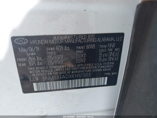 2019 Hyundai Santa Fe Sel მანქანა იყიდება აუქციონზე, vin: 5NMS33ADXKH121303, აუქციონის ნომერი: 45299989