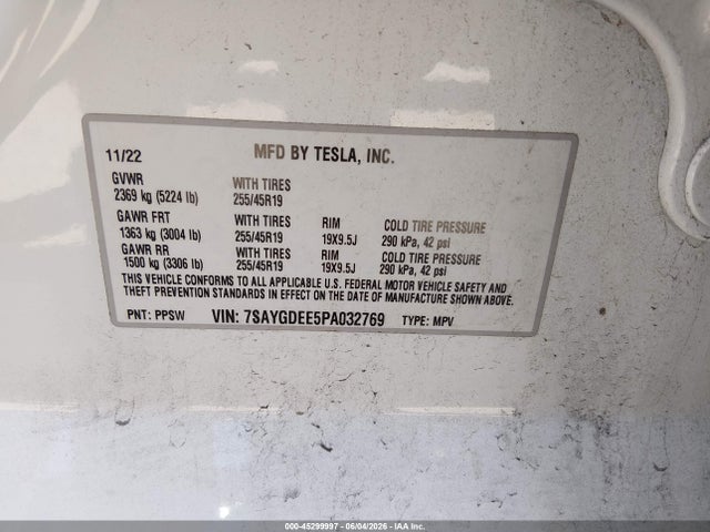 45299997 :رقم المزاد ، 7SAYGDEE5PA032769 vin ، 2023 Tesla Model Y Awd/long Range Dual Motor All-wheel Drive مزاد بيع