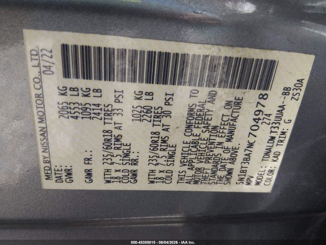 5N1BT3BA7NC704978 Nissan Rogue Sv Fwd