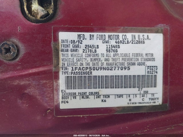 Aukcja sprzedaży 1992 Ford Taurus L, vin: 1FACP50U9NG277095, numer aukcji: 45300013