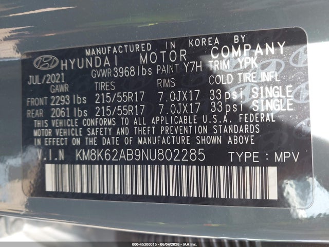 Продажа на аукционе авто 2022 Hyundai Kona Sel, vin: KM8K62AB9NU802285, номер лота: 45300015