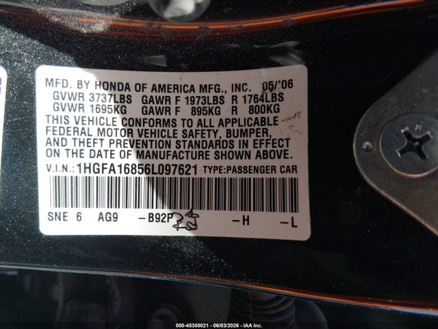 Продаж на аукціоні авто 2006 Honda Civic Ex, vin: 1HGFA16856L097621, номер лоту: 45300021