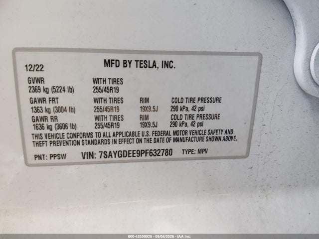 Продаж на аукціоні авто 2023 Tesla Model Y Awd/long Range Dual Motor All-wheel Drive, vin: 7SAYGDEE9PF632780, номер лоту: 45300025
