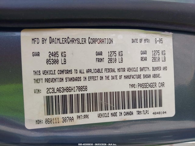 2006 Chrysler 300c მანქანა იყიდება აუქციონზე, vin: 2C3LA63H86H178858, აუქციონის ნომერი: 45300030