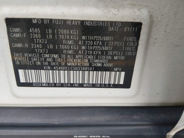 Aukcja sprzedaży 2011 Subaru Outback 2.5i Limited, vin: 4S4BRCLC5B3388507, numer aukcji: 45300031