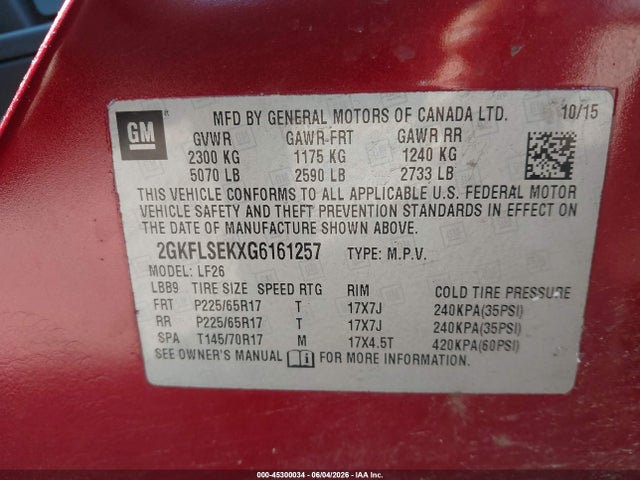 Aukcja sprzedaży 2016 Gmc Terrain Sle-1, vin: 2GKFLSEKXG6161257, numer aukcji: 45300034