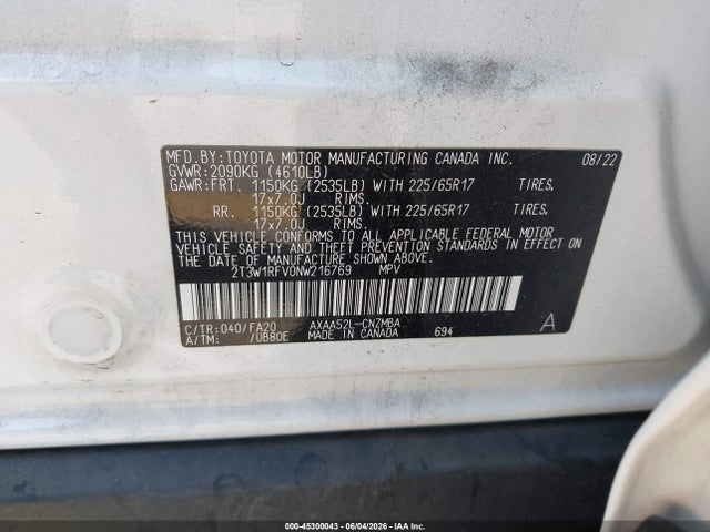 Aukcja sprzedaży 2022 Toyota Rav4 Xle, vin: 2T3W1RFV0NW216769, numer aukcji: 45300043