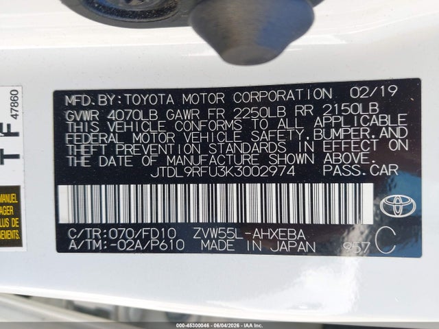 Aukcja sprzedaży 2019 Toyota Prius Le, vin: JTDL9RFU3K3002974, numer aukcji: 45300046