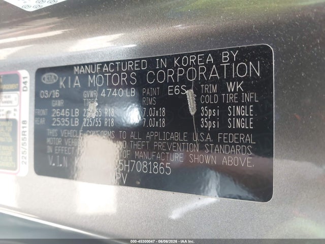 2017 Kia Sportage Ex მანქანა იყიდება აუქციონზე, vin: KNDPNCAC5H7081865, აუქციონის ნომერი: 45300047