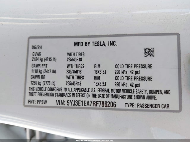 Aukcja sprzedaży 2024 Tesla Model 3 Long Range Dual Motor All-wheel Drive/rear-wheel Drive, vin: 5YJ3E1EA7RF786206, numer aukcji: 45300055