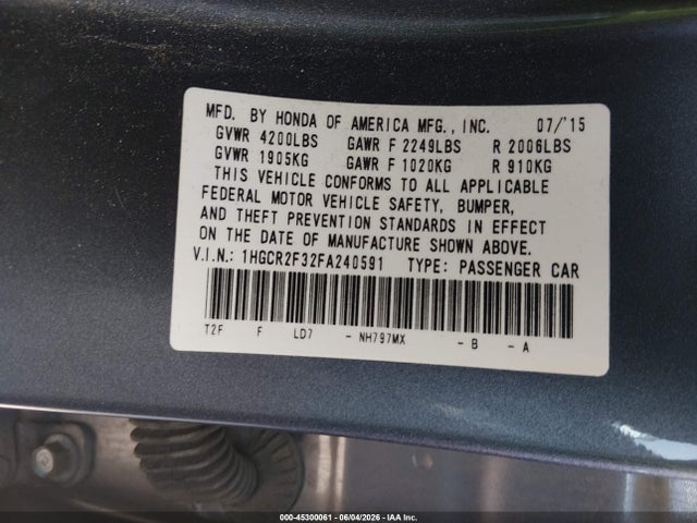 2015 Honda Accord Lx მანქანა იყიდება აუქციონზე, vin: 1HGCR2F32FA240591, აუქციონის ნომერი: 45300061