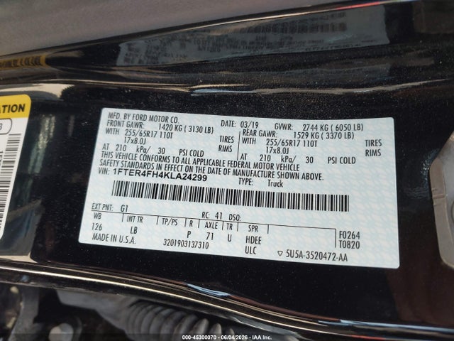 45300070 :رقم المزاد ، 1FTER4FH4KLA24299 vin ، 2019 Ford Ranger Xlt مزاد بيع