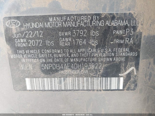 2013 Hyundai Elantra Gls მანქანა იყიდება აუქციონზე, vin: 5NPDH4AE4DH193922, აუქციონის ნომერი: 45300075
