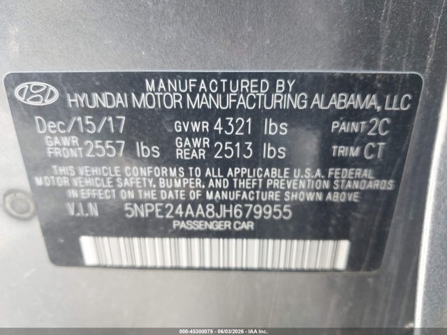 Продаж на аукціоні авто 2018 Hyundai Sonata Eco, vin: 5NPE24AA8JH679955, номер лоту: 45300078