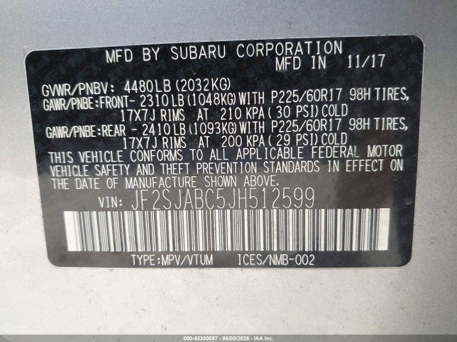 Aukcja sprzedaży 2018 Subaru Forester 2.5i, vin: JF2SJABC5JH512599, numer aukcji: 45300097