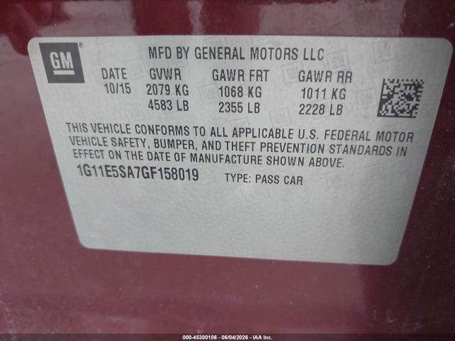 2016 Chevrolet Malibu Limited Ltz მანქანა იყიდება აუქციონზე, vin: 1G11E5SA7GF158019, აუქციონის ნომერი: 45300106