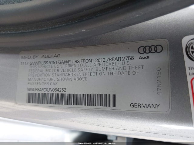 45300111 :رقم المزاد ، WAUF8AFCXJN064252 vin ، 2018 Audi A6 2.0t Premium/2.0t Sport مزاد بيع