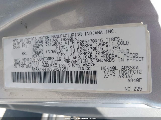 2003 Toyota Tundra Sr5 V8 მანქანა იყიდება აუქციონზე, vin: 5TBBT44163S427851, აუქციონის ნომერი: 45300130