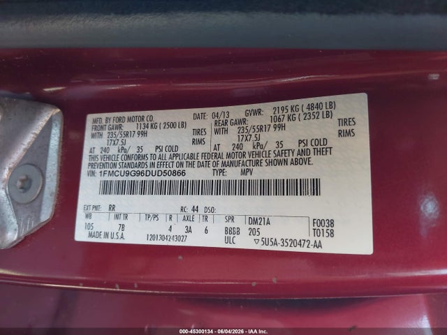 2013 Ford Escape Se მანქანა იყიდება აუქციონზე, vin: 1FMCU9G96DUD50866, აუქციონის ნომერი: 45300134
