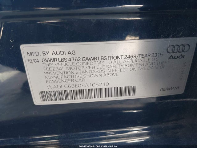 Aukcja sprzedaży 2005 Audi A4 1.8t Special Edition, vin: WAULC68E05A105210, numer aukcji: 45300146