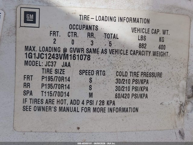 45300151 :رقم المزاد ، 1G1JC1243VM161078 vin ، 1997 Chevrolet Cavalier مزاد بيع