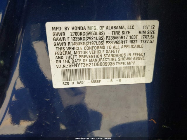 Продаж на аукціоні авто 2013 Honda Pilot Lx, vin: 5FNYF3H21DB009936, номер лоту: 45300168
