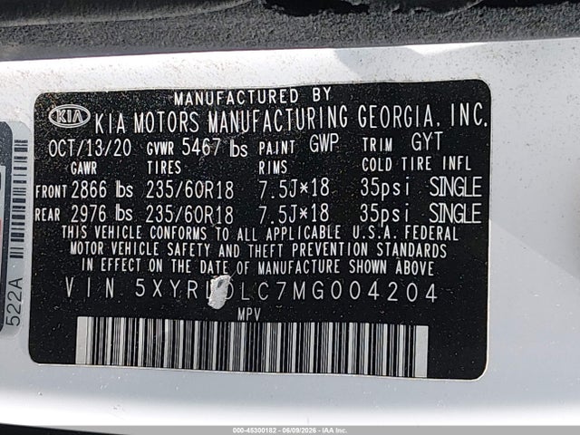 45300182 :رقم المزاد ، 5XYRLDLC7MG004204 vin ، 2021 Kia Sorento S مزاد بيع